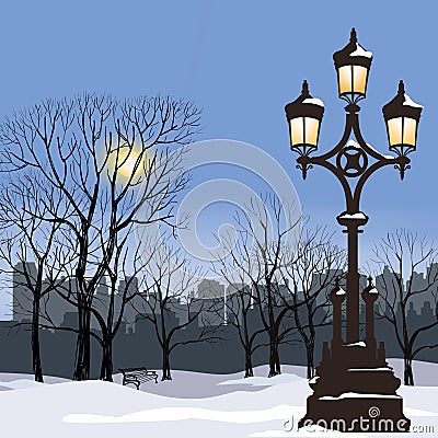 Christmas Winter Cityscape with luminous street lamp, snow flake Stock Photo
