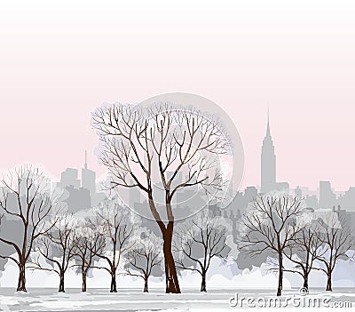 Christmas Winter Cityscape. Snow Central park Stock Photo