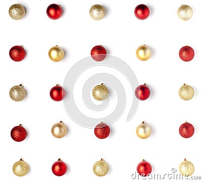 Christmas or winter composition. Pattern made of red and golden balls on white background. Christmas, winter, new year concept. Stock Photo