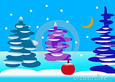 Christmas - winter forest with moon and red apple Stock Photo