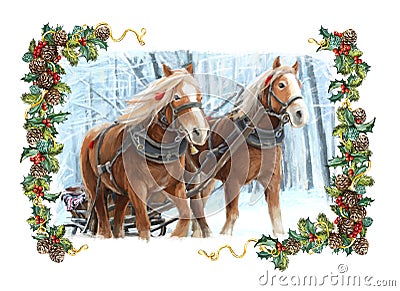 Christmas winter happy scene with frame - sleigh with two running horses Cartoon Illustration