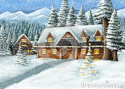 Christmas winter happy scene with wooden house Cartoon Illustration