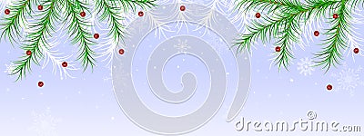 Christmas, winter holiday border with fir branches snow and berries Vector Illustration