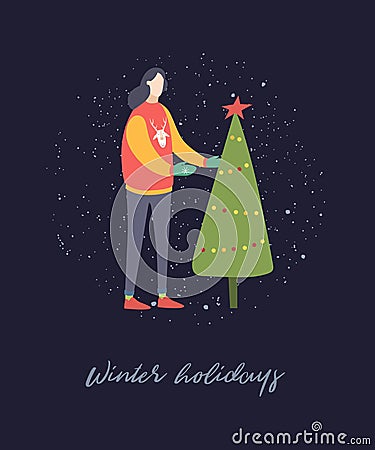 Cartoon girl decorates the Christmas tree. Vector Illustration