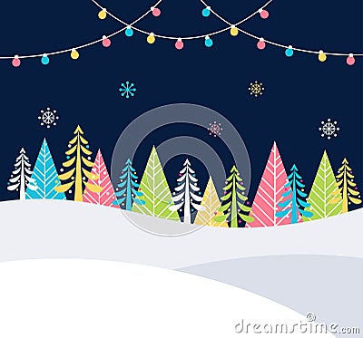 Christmas and Winter Holidays Events Festive Background with Snow, Trees and Christmas Lights. Vector Poster Template Vector Illustration