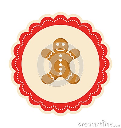 Christmas Winter Lacy Label Icon with Gingerbread Man on Isolate Vector Illustration