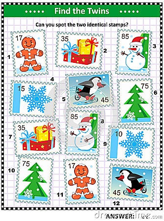 Find two Christmas postage stamps that are the same Vector Illustration