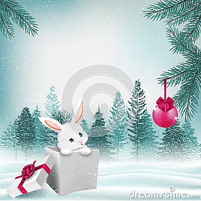 Christmas winter outdoor scene with cute cartoon bunny in gift box. Vector Vector Illustration