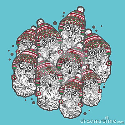 Christmas winter owls. Vector Illustration