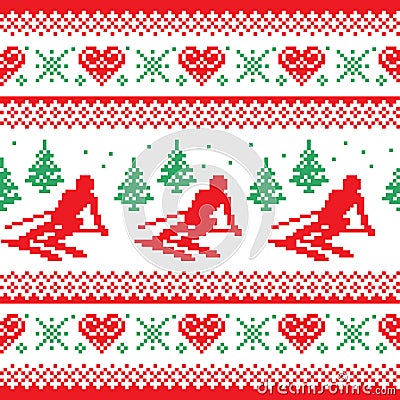 Christmas, winter red and green seamless pattern - man skiing in mountains Vector Illustration