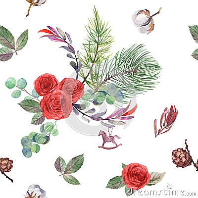 christmas winter seamless pattern with fir branches and red rose cones on white background Stock Photo