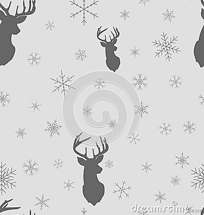 Christmas winter seamless pattern. Head deer silhouette of reindeer and snowflakes with background. Vector Illustration