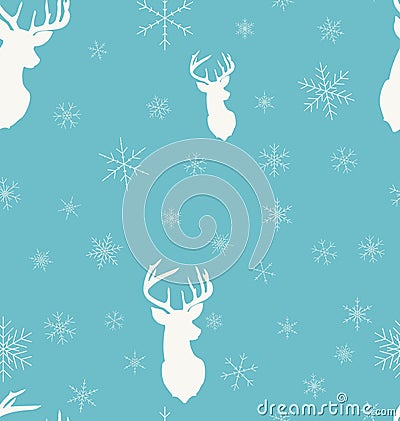 Christmas winter seamless pattern. Head deer silhouette of reindeer and snowflakes with blue background. Vector Illustration