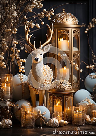 Christmas winter still life with gift box, gold figurine of deer, decorative Christmas tree, burning candles and festive Stock Photo