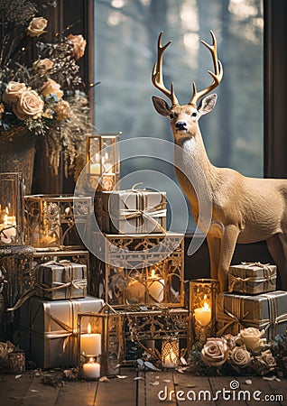 Christmas winter still life with gift box, gold figurine of deer, decorative Christmas tree, burning candles and festive Stock Photo