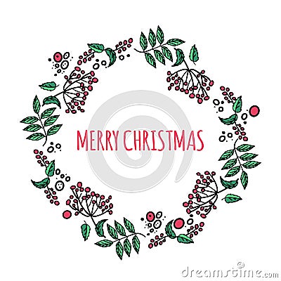Christmas winter wreath with sprigs of holly, rowan, mistletoe on white background. Congratulatory banner, branches of plants Vector Illustration