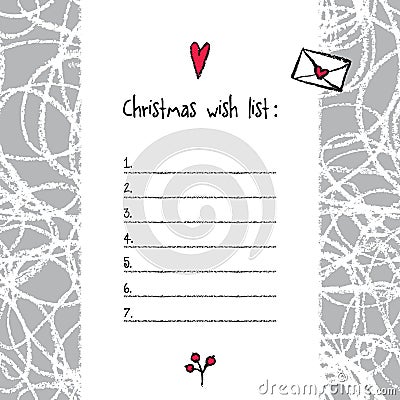 Christmas wish list template. Hand drawn elements. Printable design. Vector Illustration