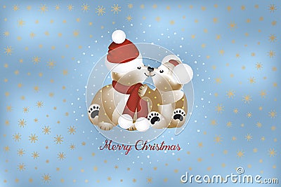 Christmas wishes with cute little teddies framed by golden snowflakes Vector Illustration