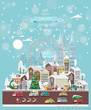 Christmas wishes from Germany. Modern vector greeting card in flat style with snowflakes, winter city, decorations, cars and happ Vector Illustration