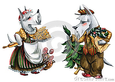 Christmas wolves couple hand drawn watercolor illustration Cartoon Illustration