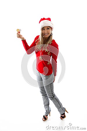 Christmas woman showing recommending cryptocurrency Editorial Stock Photo
