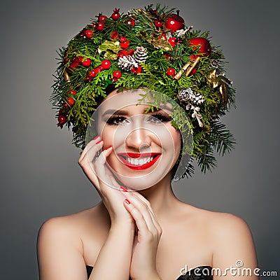 Christmas Woman with Xmas Wreath, Makeup Stock Photo