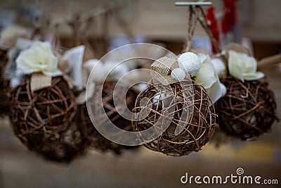 Christmas wood ball, New Year decorations. Stock Photo