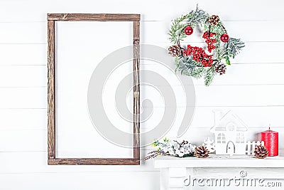 Christmas Wood Empty Frame on a Light Background Stock Photo