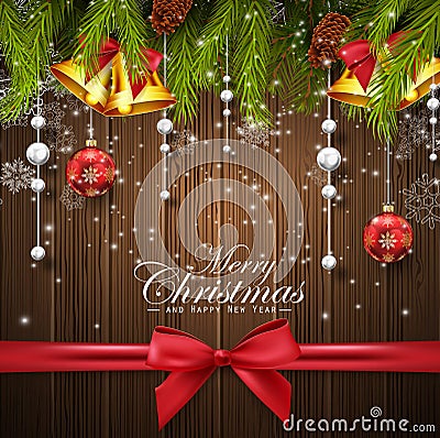 Christmas wooden background with fir tree, red and white balls, gold bells and red bow Vector Illustration