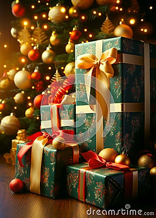 Christmas wrapped gifts, ornaments, and twinkling lights against a richly decorated holiday tree Stock Photo