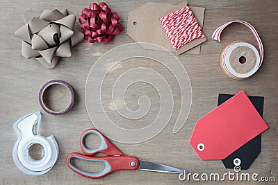 Christmas Wrapping Equipment Flat Lay Stock Photo