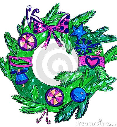 A Christmas wreath with a banter on a white background. Children`s drawing Stock Photo