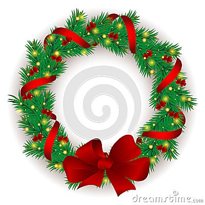 Christmas wreath with baubles and tree. Vector Illustration