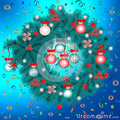 Christmas wreath of blue spruce branches on a background of confetti. New Year, Christmas, Christmas Eve. Vector Illustration