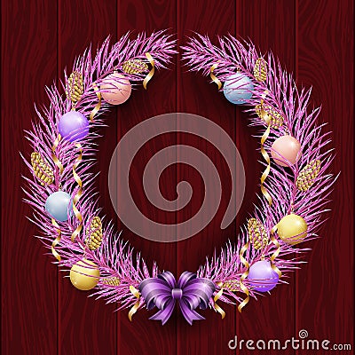 Christmas wreath border. Frame of violet pine. Merry Christmas and Happy New Year 2019. Purple branches of a Christmas tree in the Vector Illustration