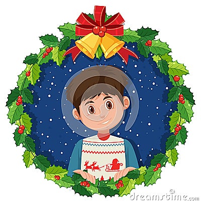 Christmas wreath border with a young man Vector Illustration