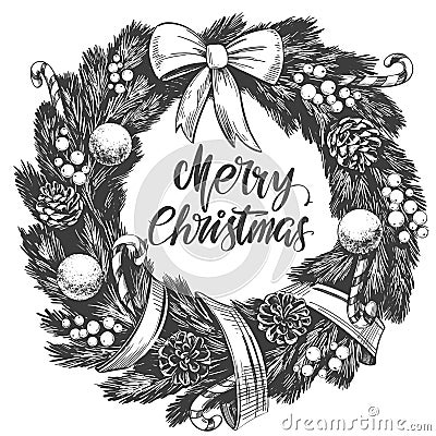 Christmas wreath Calligraphy lettering text symbol of Christianity hand drawn vector illustration sketch Vector Illustration