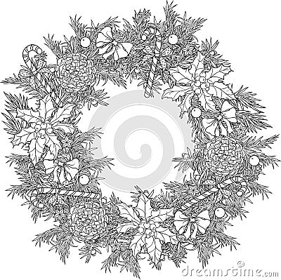 Christmas wreath with candies, cones and holly leaves.Coloring Vector Illustration