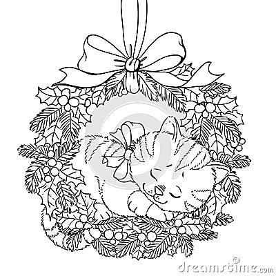 Christmas wreath. Coloring page. Doodle pattern with cute sleeping kitten and a bow Stock Photo