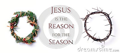 Christmas wreath and crown of thorns on white background. Remember the real Reason of the Season. Christian Christmas Stock Photo