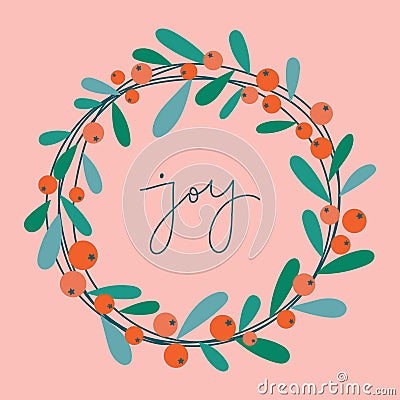 Christmas wreath with cute red berries. Simple Xmas greeting card design with floral round frame border. Vector Illustration