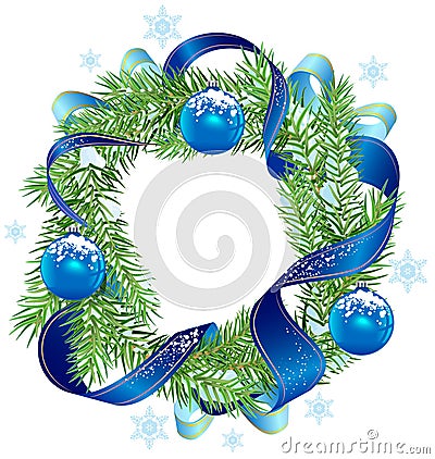 Christmas wreath decorated ribbon and blue balls Vector Illustration