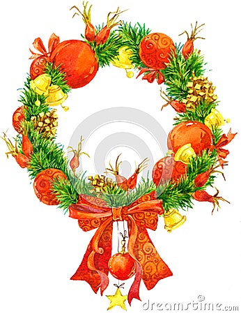 Christmas wreath and decoration pine cone, Christmas Star, Christmas tree ornament. Watercolor illustration. Cartoon Illustration