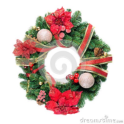 Christmas wreath with decorations isolated on white background Stock Photo