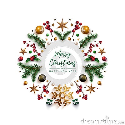 Christmas wreath design with festive Christmas decoration ornaments and objects Vector Illustration