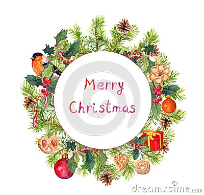 Christmas wreath - fir branches, bird, candycane, present box. Watercolor Stock Photo