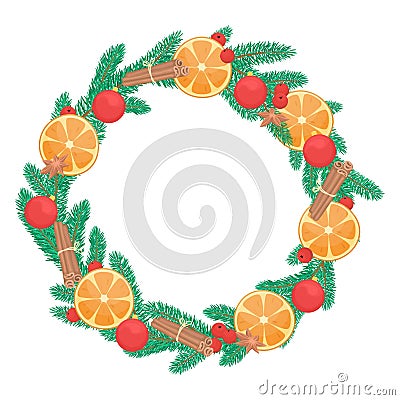 Christmas wreath of fir branches decorated with dried oranges, cinnamon sticks and cardamom Vector Illustration