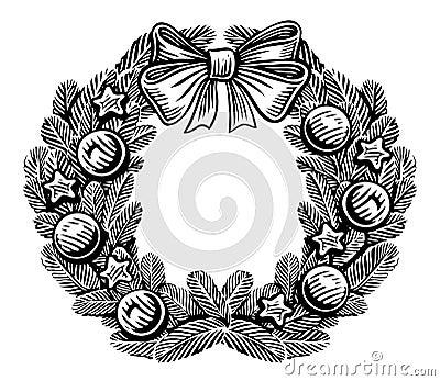 Christmas wreath of fir branches, decorated with a satin bow and decorative balls. Vintage sketch illustration Cartoon Illustration