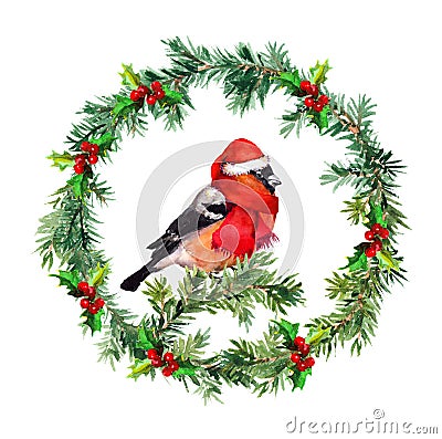 Christmas wreath - fir, mistletoe and bullfinch bird in santa hat. Watercolor Stock Photo