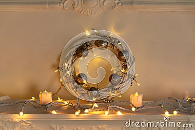 Christmas wreath with flashlights and shiny balls Stock Photo